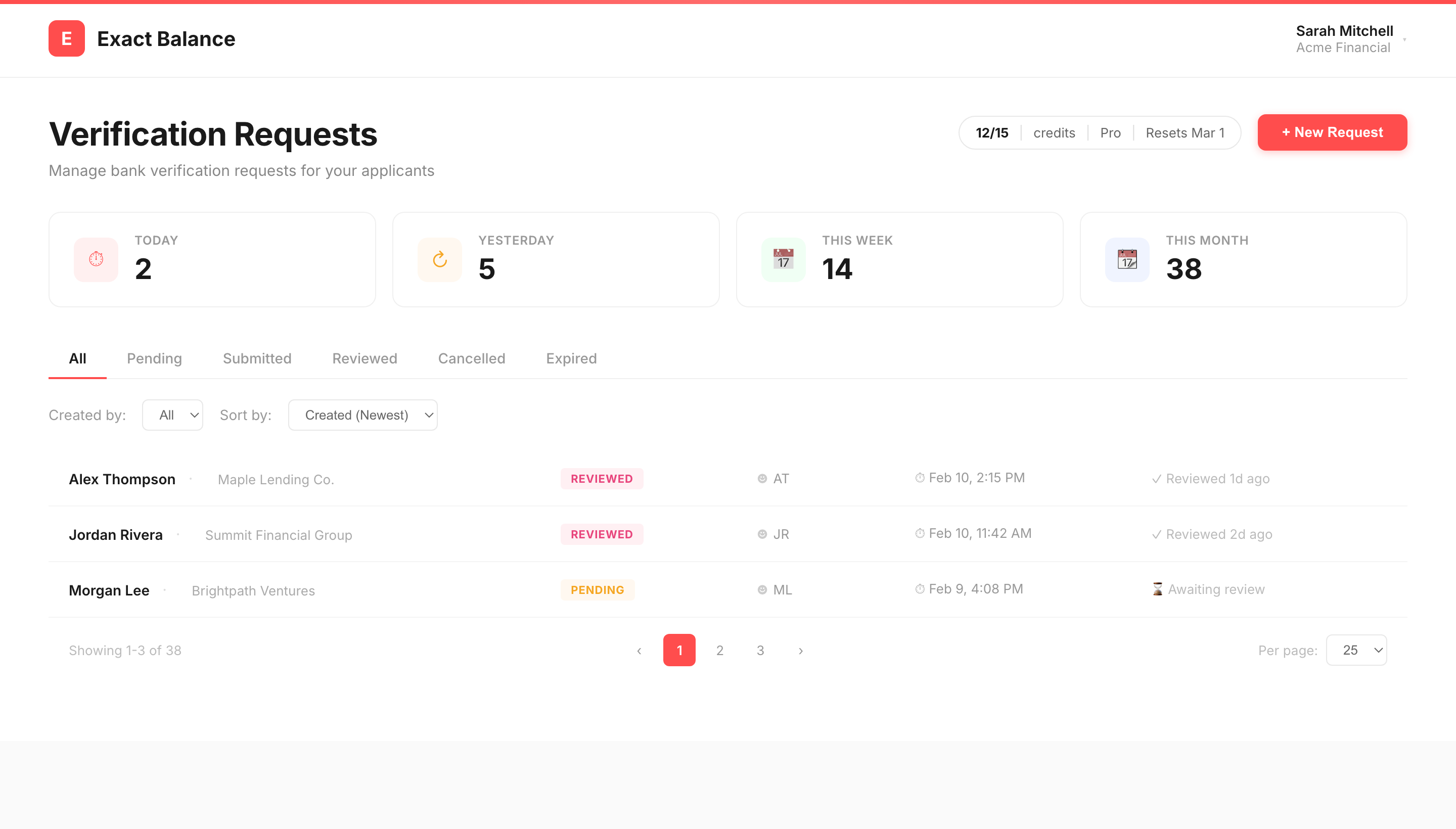 Exact Balance verification dashboard