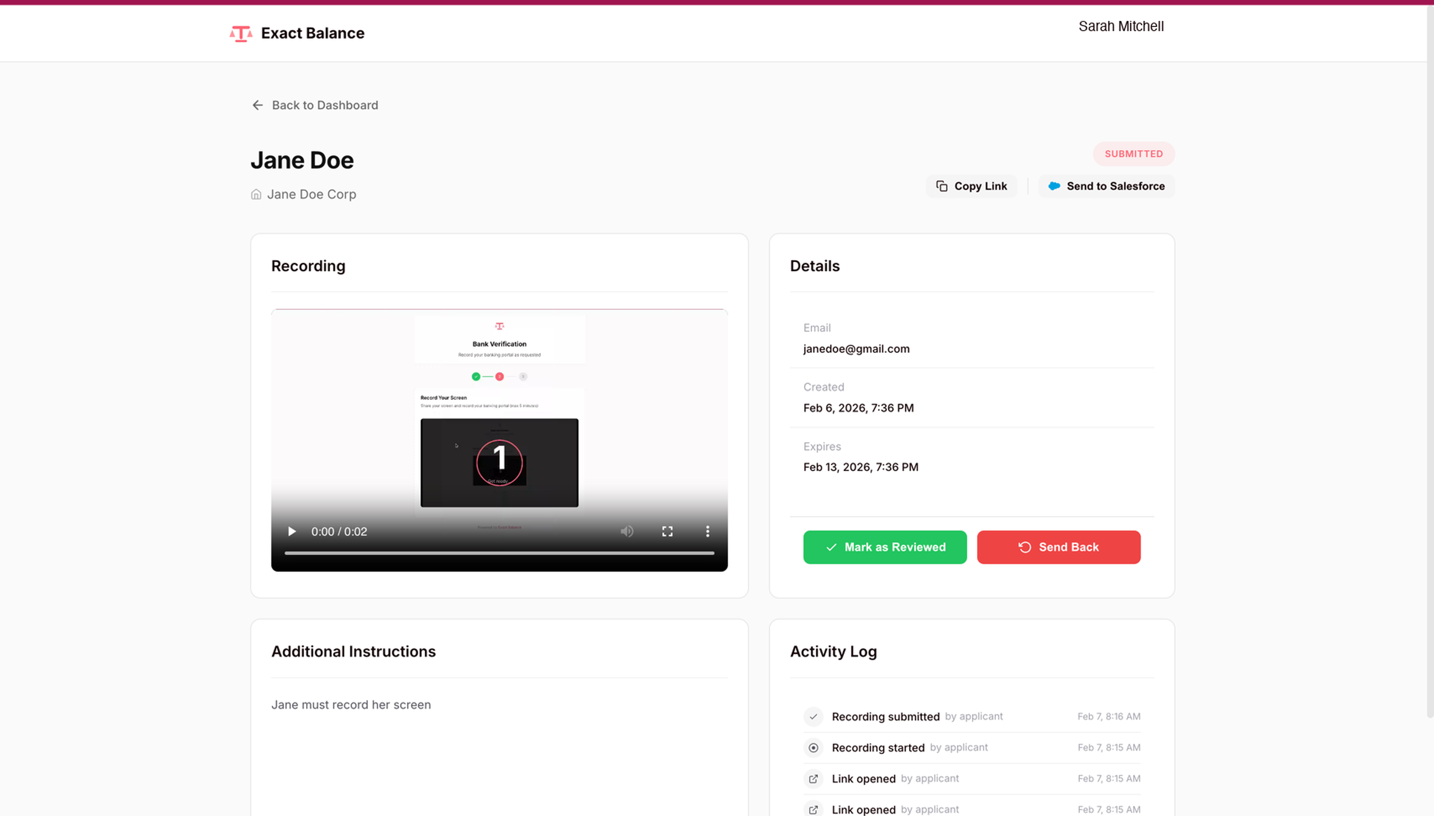 Review submitted recording with activity log